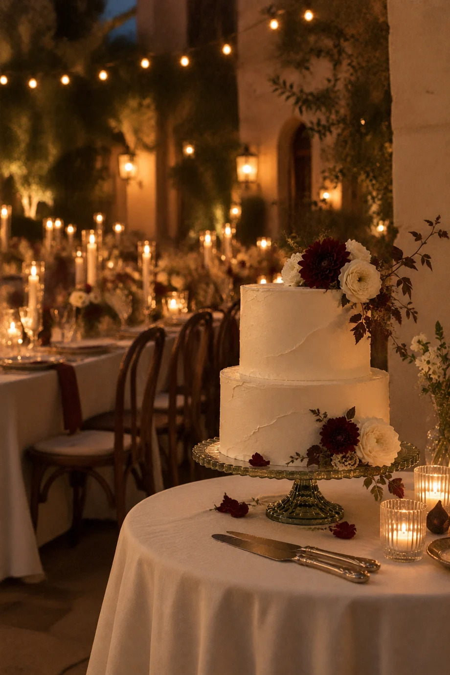 Two-tier white wedding cake with burgundy dahlias under string lights