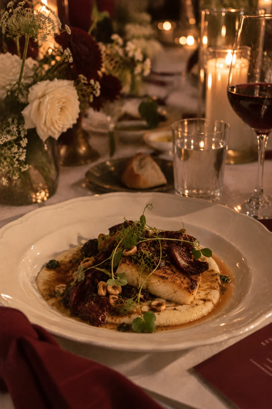 Plated dinner by candlelight with white roses and red wine